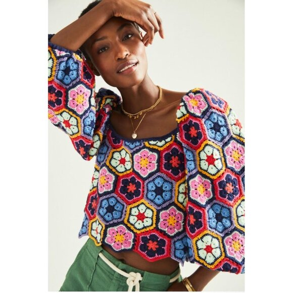 FARM Rio Tops - Farm Rio Dorya Flower Crochet Voluminous Sleeve Blouse Size M